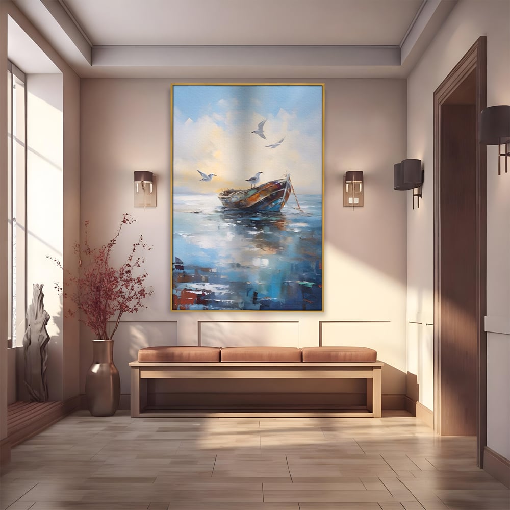 Tablou canvas cu tablou canvas cu barca si pescarusi, in rama de aluminiu auriu